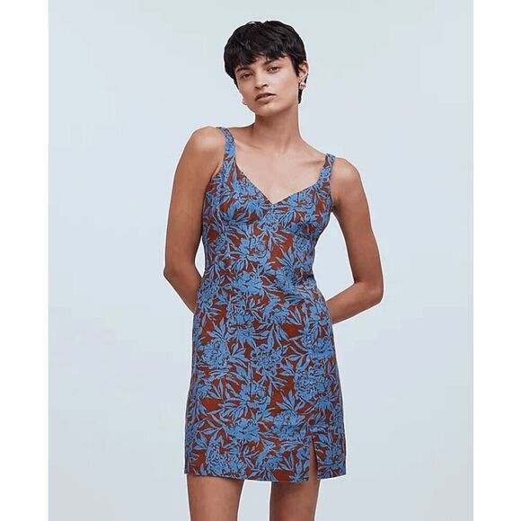Madewell Sweetheart Mini Dress in Floral 100% Linen Blue Isle Size 4 NWT - Picture 1 of 9